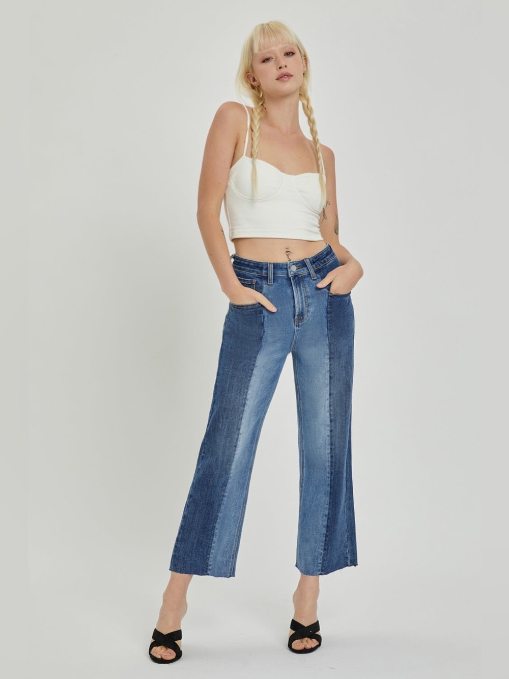 RISEN Jeans Two-Tones Denim with Pockets Blue 3/25 Raw Hem Mixed Denim